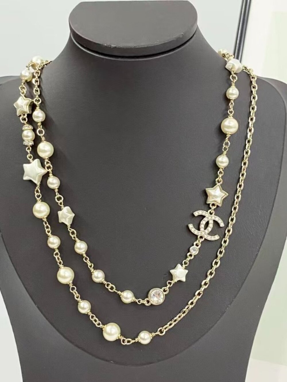 Chanel Double Strand Pearl Star Crystal CC Logo Long Layered Necklace